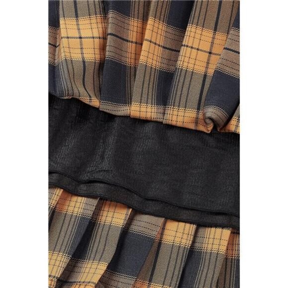 Women's Elastic Waist Tartan Pleated School Skirt Brown and Black - Picture 6 of 6